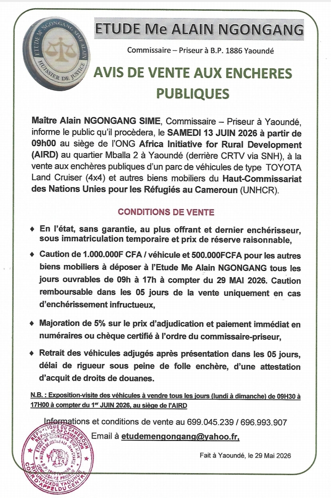 AVIS DE VENTE AUX ENCHERES PUBLIQUES - 13 JUIN 2026